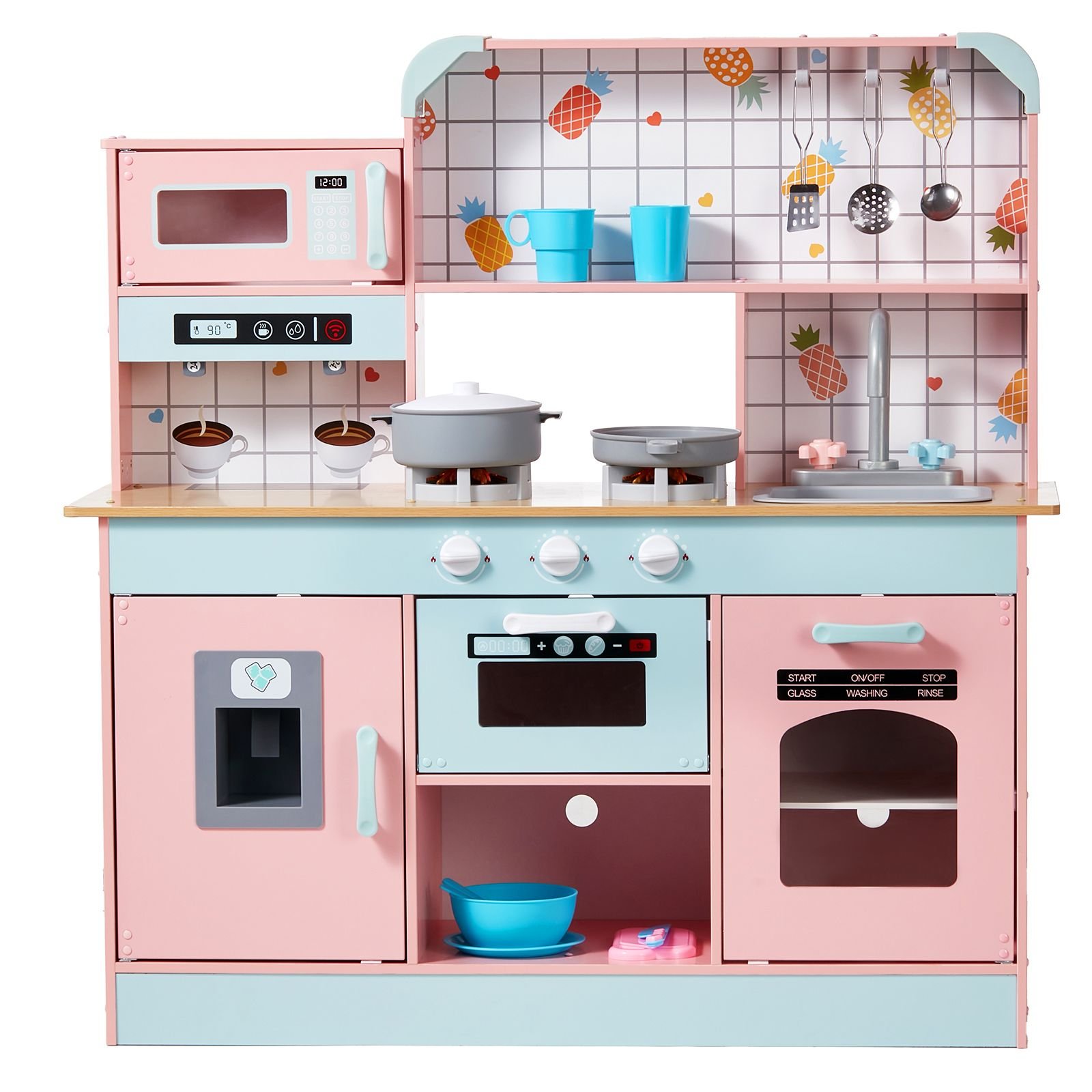 play kitchen for kids, wooden toy kitchen set with lights and sounds, toddler kitchen with ice maker, oven, sink, microwaves, fridge and utensil and fruit accessory for toddlers ages 3 8,pink