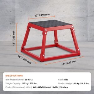 plyometric jump box, 12 inch plyo box, steel plyometric platform and jumping agility box, anti slip fitness exercise step up box for home gym training, conditioning strength training, red