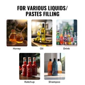 pneumatic paste liquid filling machine, 5 50ml bottle filler, bottle filling machine, stainless steel liquid filler with pedal for milk water juice essential oil shampoo cosmetic honey lotion