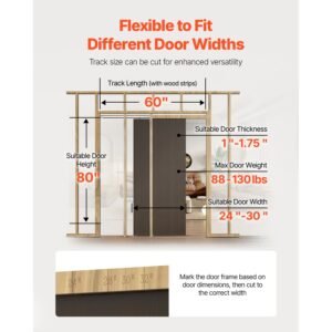 pocket door frame kit, for 24 30 in wide 80 in high door, pocket door kit with two way soft close mechanism, slide smoothly quietly, easy to install, wood and galvanized steel, for living room