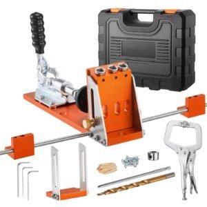 Pocket Hole Jig Kit, 1/2 to 1-1/2 in Adjustable, Jig Pocket Hole System with Toolcase, C-Clamp, Step Drill, Hex Wrench, Drill Stop Ring, Square Drive Bit, Reinforced Metal Frame, for Woodworking