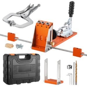 pocket hole jig kit, 1/2 to 1 1/2 in adjustable, jig pocket hole system with toolcase, c clamp, step drill, hex wrench, drill stop ring, square drive bit, reinforced metal frame, for woodworking