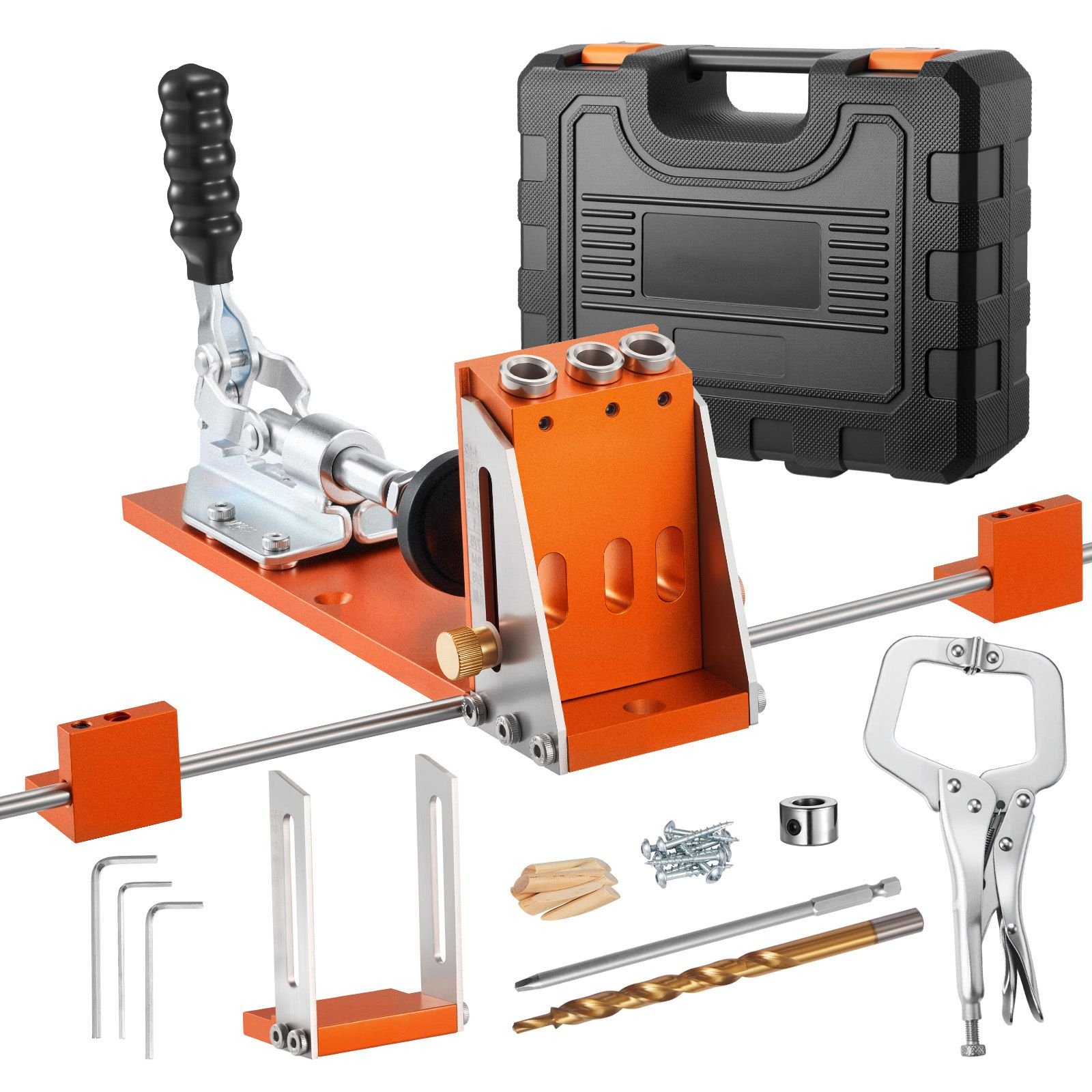 pocket hole jig kit, 1/2 to 1 1/2 in adjustable, jig pocket hole system with toolcase, c clamp, step drill, hex wrench, drill stop ring, square drive bit, reinforced metal frame, for woodworking