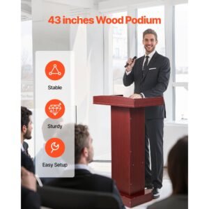 podium stand, 41 inch wooden lectern, laptop desk with wide reading surface and storage shelf, edge stopper, elegant design, flool standing, for classroom, conference, church, and presentation