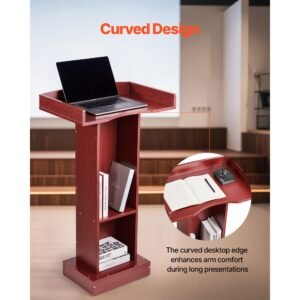 podium stand, 41 inch wooden lectern, laptop desk with wide reading surface and storage shelf, edge stopper, elegant design, flool standing, for classroom, conference, church, and presentation