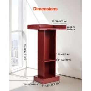 podium stand, 41 inch wooden lectern, laptop desk with wide reading surface and storage shelf, edge stopper, elegant design, flool standing, for classroom, conference, church, and presentation