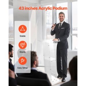 podium stand, 43 inch acrylic lectern, portable laptop desk with wide reading surface and storage shelf, book stopper, floor standing, for classroom, wedding, conference, lecture and concert