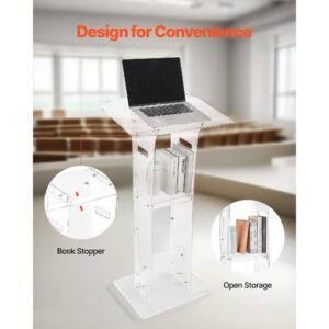 podium stand, 43 inch acrylic lectern, portable laptop desk with wide reading surface and storage shelf, book stopper, floor standing, for classroom, wedding, conference, lecture and concert