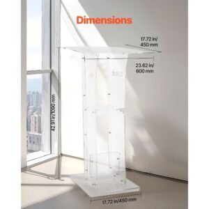 podium stand, 43 inch acrylic lectern, portable laptop desk with wide reading surface and storage shelf, book stopper, floor standing, for classroom, wedding, conference, lecture and concert