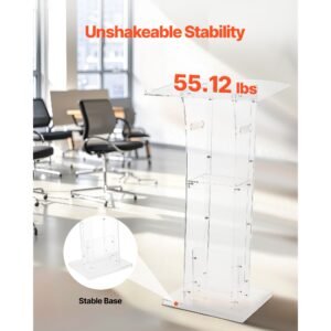 podium stand, 43 inch acrylic lectern, portable laptop desk with wide reading surface and storage shelf, book stopper, floor standing, for classroom, wedding, conference, lecture and concert