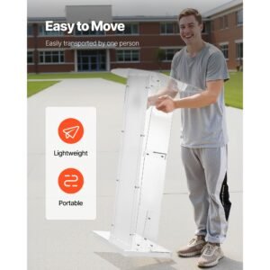 podium stand, 43 inch acrylic lectern, portable laptop desk with wide reading surface and storage shelf, book stopper, floor standing, for classroom, wedding, conference, lecture and concert