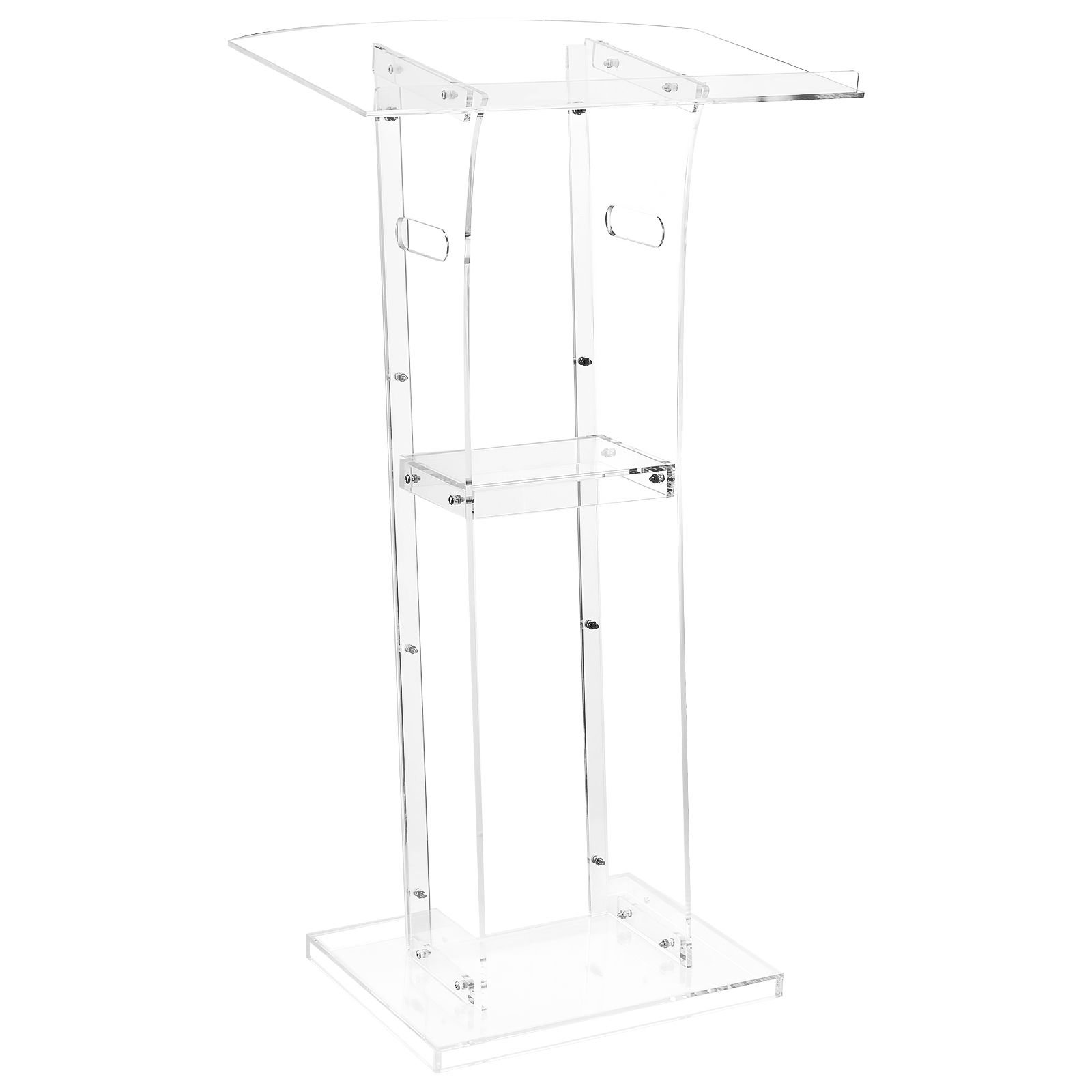 podium stand, 43 inch acrylic lectern, portable laptop desk with wide reading surface and storage shelf, book stopper, floor standing, for classroom, wedding, conference, lecture and concert