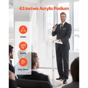 podium stand, 43 inch acrylic lectern, portable laptop desk with wide reading surface, book clips, adjustable angle, floor standing, for classroom, wedding, conference, lecture and concert