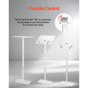 podium stand, 43 inch acrylic lectern, portable laptop desk with wide reading surface, book clips, adjustable angle, floor standing, for classroom, wedding, conference, lecture and concert