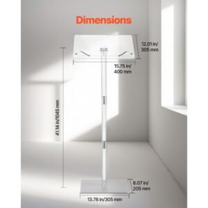 podium stand, 43 inch acrylic lectern, portable laptop desk with wide reading surface, book clips, adjustable angle, floor standing, for classroom, wedding, conference, lecture and concert