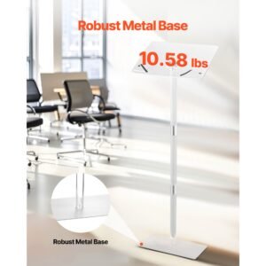 podium stand, 43 inch acrylic lectern, portable laptop desk with wide reading surface, book clips, adjustable angle, floor standing, for classroom, wedding, conference, lecture and concert