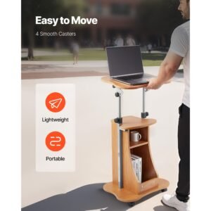 podium stand, 43 inch wooden lectern, portable laptop desk with lockable wheels, wide reading surface and open storage area, adjustable height and angle, for speeches, lectures, or presentations