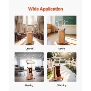 podium stand, 43 inch wooden lectern, portable laptop desk with lockable wheels, wide reading surface and open storage area, adjustable height and angle, for speeches, lectures, or presentations
