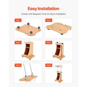 podium stand, 43 inch wooden lectern, portable laptop desk with lockable wheels, wide reading surface and open storage area, adjustable height and angle, for speeches, lectures, or presentations