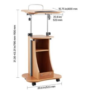 podium stand, 43 inch wooden lectern, portable laptop desk with lockable wheels, wide reading surface and open storage area, adjustable height and angle, for speeches, lectures, or presentations