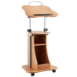podium stand, 43 inch wooden lectern, portable laptop desk with lockable wheels, wide reading surface and open storage area, adjustable height and angle, for speeches, lectures, or presentations