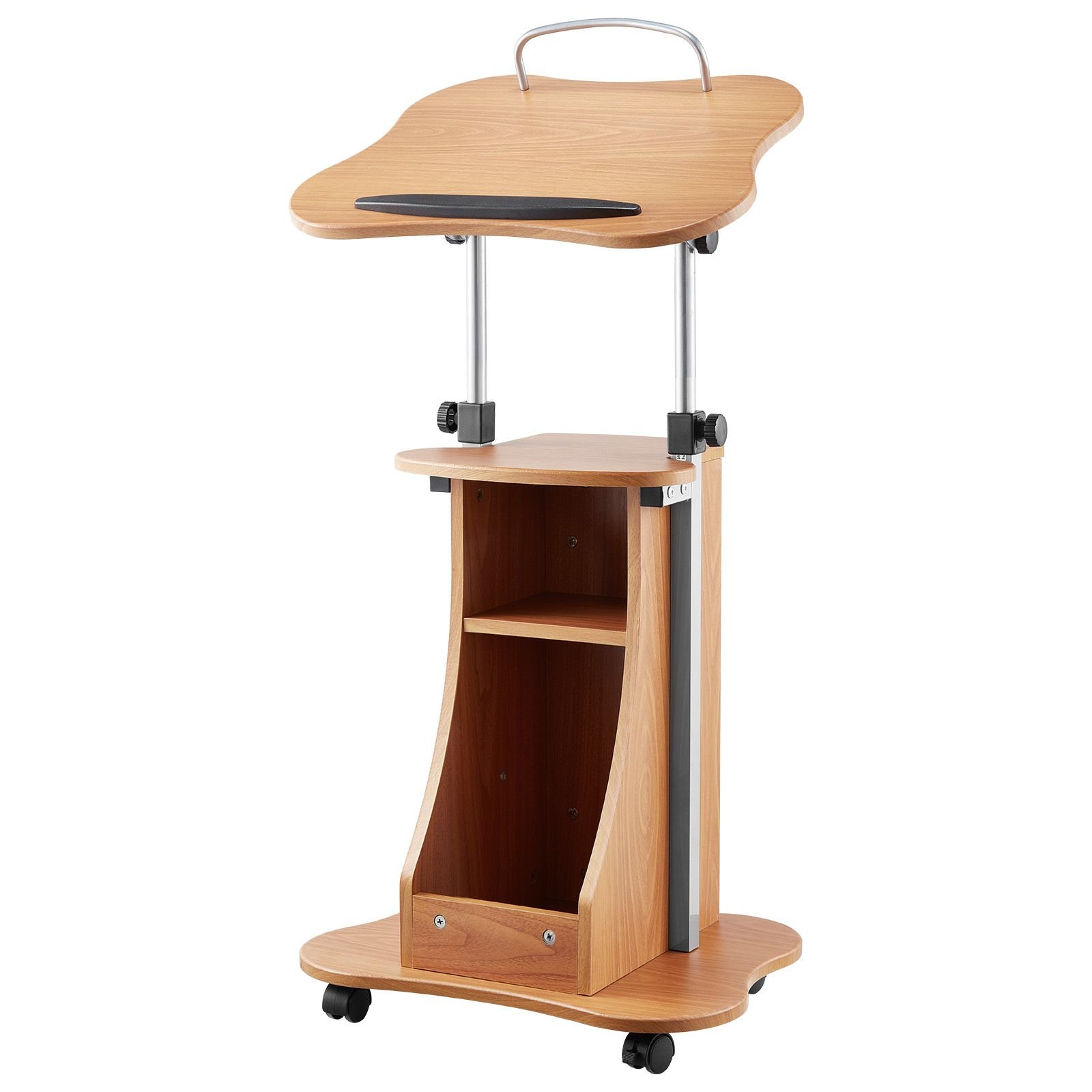 podium stand, 43 inch wooden lectern, portable laptop desk with lockable wheels, wide reading surface and open storage area, adjustable height and angle, for speeches, lectures, or presentations