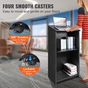 podium stand, 47 in hostess stand with 4 rolling wheels, wood podium with storage shelves, and slant desktop, lecterns & podiums for church, office, school, home, black