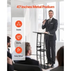 podium stand, 47 inch metal lectern, curved standing podium with wide reading surface, open storage compartment, book stopper, cup holder, for classroom, wedding, conference, speech, and concert