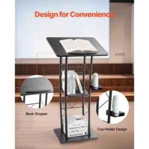 podium stand, 47 inch metal lectern, curved standing podium with wide reading surface, open storage compartment, book stopper, cup holder, for classroom, wedding, conference, speech, and concert