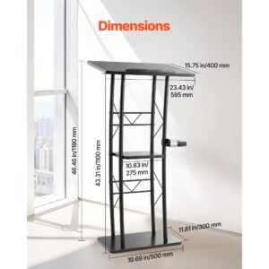 podium stand, 47 inch metal lectern, curved standing podium with wide reading surface, open storage compartment, book stopper, cup holder, for classroom, wedding, conference, speech, and concert