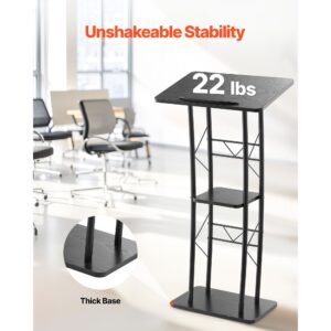 podium stand, 47 inch metal lectern, curved standing podium with wide reading surface, open storage compartment, book stopper, cup holder, for classroom, wedding, conference, speech, and concert