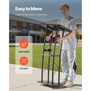podium stand, 47 inch metal lectern, curved standing podium with wide reading surface, open storage compartment, book stopper, cup holder, for classroom, wedding, conference, speech, and concert