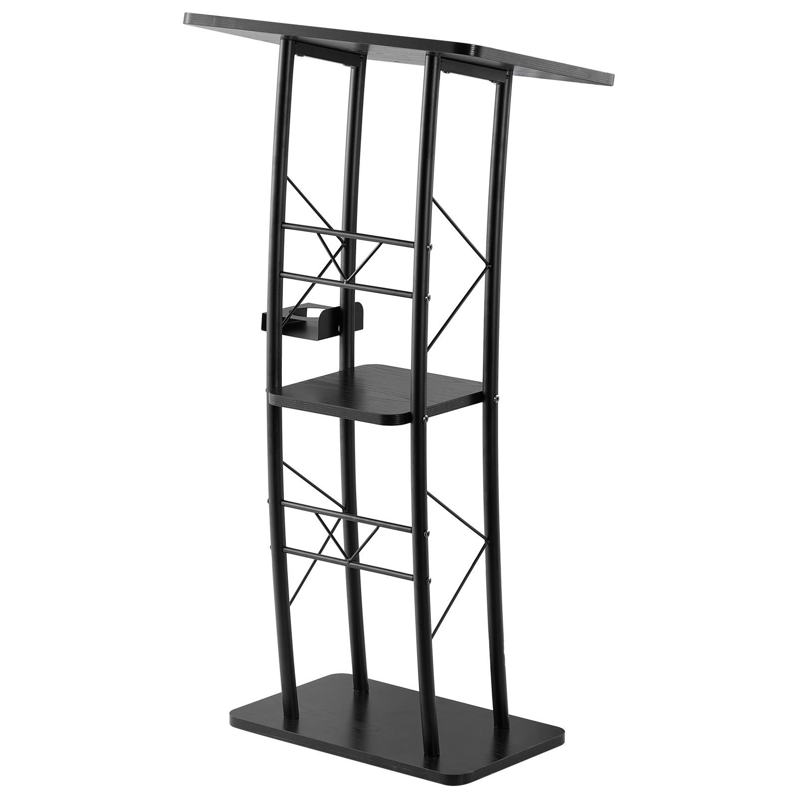 podium stand, 47 inch metal lectern, curved standing podium with wide reading surface, open storage compartment, book stopper, cup holder, for classroom, wedding, conference, speech, and concert