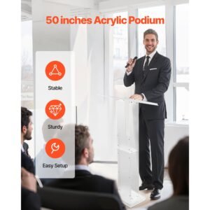 podium stand, 50 inch acrylic lectern, portable laptop desk with wide reading surface and storage shelf, book stopper, floor standing, for classroom, wedding, conference, lecture and concert