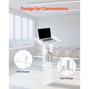 podium stand, 50 inch acrylic lectern, portable laptop desk with wide reading surface and storage shelf, book stopper, floor standing, for classroom, wedding, conference, lecture and concert
