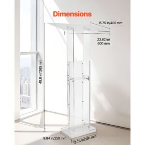 podium stand, 50 inch acrylic lectern, portable laptop desk with wide reading surface and storage shelf, book stopper, floor standing, for classroom, wedding, conference, lecture and concert