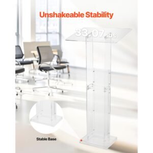 podium stand, 50 inch acrylic lectern, portable laptop desk with wide reading surface and storage shelf, book stopper, floor standing, for classroom, wedding, conference, lecture and concert