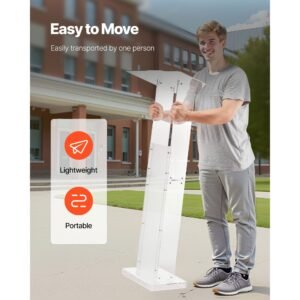 podium stand, 50 inch acrylic lectern, portable laptop desk with wide reading surface and storage shelf, book stopper, floor standing, for classroom, wedding, conference, lecture and concert