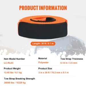 polyester heavy duty tow strap recovery kit 3" x 30 ft (mbs 36,000 lbs) winch strap, triple reinforced loop, snatch strap + 2" shackle hitch receiver + 3/4" d ring shackles (2pcs) + storage bag
