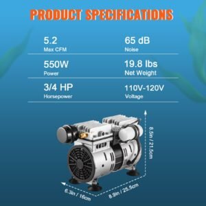 pond aerator, 550w power, 5.2cfm for up to 3 acre 50' lake, pond aeration kit includes 3/4 hp compressor & timer & valves, air compressor for deep water oxygen circulation, for pond, lake