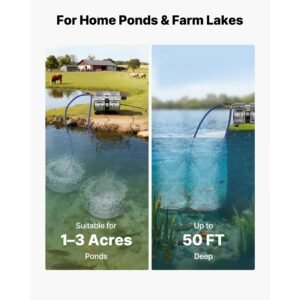 pond aerators, 5.2cfm aeration system for lake up to 3 acres, 3/4 hp air compressor, 2 diffusesr & two100' weighted tubings, aeration pump for outdoor ponds & lakes deep water oxygen circulation
