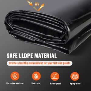 pond liner, 10 x 13 ft 20 mil thickness, pliable lldpe material pond skins, easy cutting underlayment for fish or koi ponds, water features, waterfall base , fountains, water gardens, black