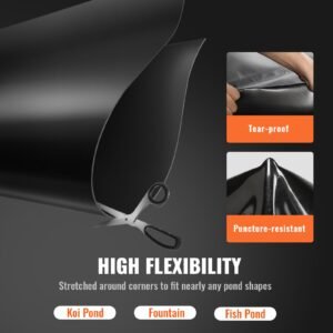 pond liner, 10 x 15 ft 45 mil thickness, pliable epdm material pond skins, easy cutting underlayment for fish or koi ponds, water features, waterfall base , fountains, water gardens, black