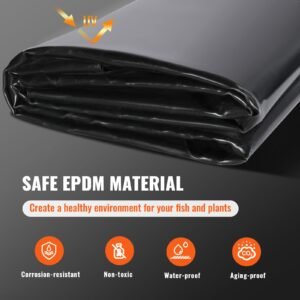 pond liner, 15 x 20 ft 45 mil thickness, pliable epdm material pond skins, easy cutting underlayment for fish or koi ponds, water features, waterfall base, fountains, water gardens, black
