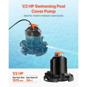 pool cover pump, 1/2 hp 1575 gph, 120v submersible swimming pool cover pump with 25 ft power cord, 24 ft max head lift, water removal and transfer pump, for pool draining inflatable water parks