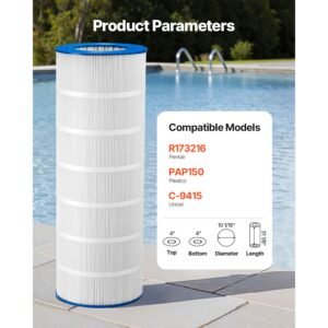 pool filter cartridge, 150 sq. ft spa hot tub filter cartridge replacement, compatible with pentair r173216, pleatco pap150, secure for kids & pet, trilobal pleated, easy to clean