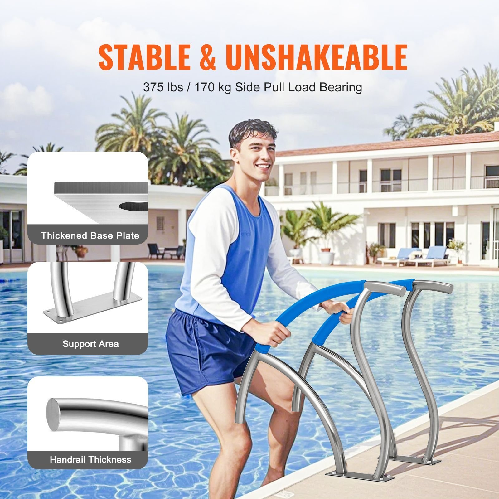 pool handrail, 2 pcs 30x30 in pool railing, stainless steel with base plate for indoor/outdoor pools,swimming pool safety railing for decks,rust proof grab bar w/ grip cover&accessories for spas