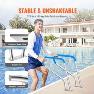 pool handrail, 39 x 32 inch pool railing, stainless steel with base plate for indoor/outdoor pools,swimming pool safety railing for decks,rust proof grab bar w/ grip cover&accessories for spas