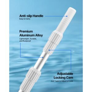 pool pole, 3.4 to 15 ft telescoping swimming pool cleaning poles, professional adjustable telescopic pole with 2 extension poles, heavy duty cleaner stick for skimmer net, brush, vacuum head