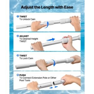 pool pole, 3.4 to 15 ft telescoping swimming pool cleaning poles, professional adjustable telescopic pole with 2 extension poles, heavy duty cleaner stick for skimmer net, brush, vacuum head